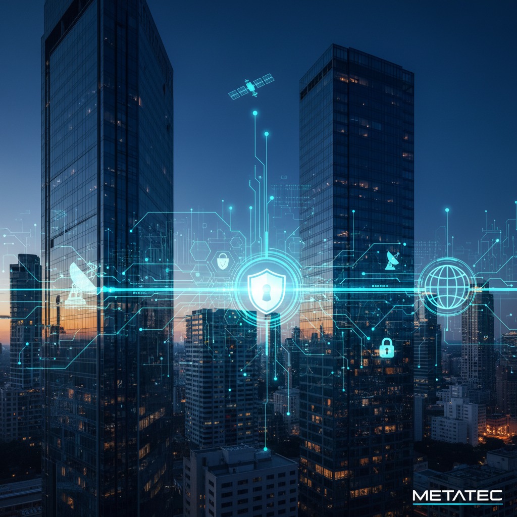 High-quality, professional corporate image for the hero section of a technology services website named Metatec. The image should be modern and convey a sense of connectivity and security. Feature a stylized, glowing data network overlaid upon a clean, contemporary city skyline at twilight. Incorporate elements subtly representing security (like a shield or a padlock) and connectivity (like satellite dishes or a globe) integrated within the network structure. The overall aesthetic should be sleek and professional, with a color palette of deep blues, electric cyan, and clean white. Add a very subtle, stylishly designed 'METATEC' wordmark integrated into the composition. Style: modern digital art, professional photography feel.